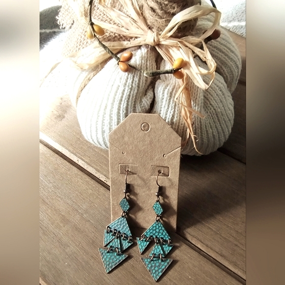 Sculptural, Triangular Tiered Copper tone Dangle Earrings - Picture 6 of 11